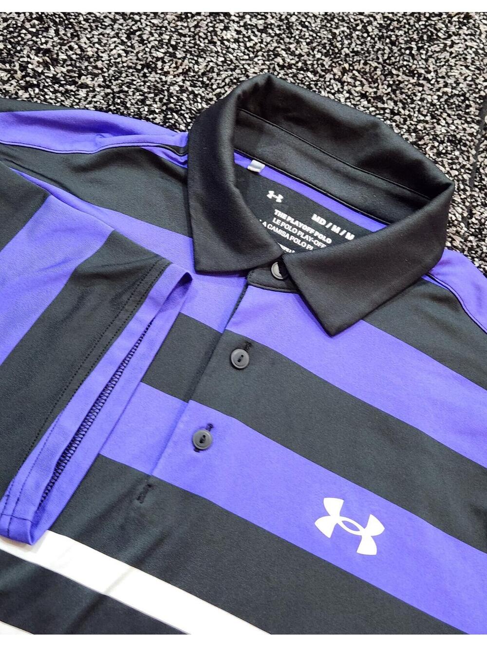 Under Armour UA Golf the Playoff Polo 3.0 Striped Mens Size Medium Blk/Wht/Prpl